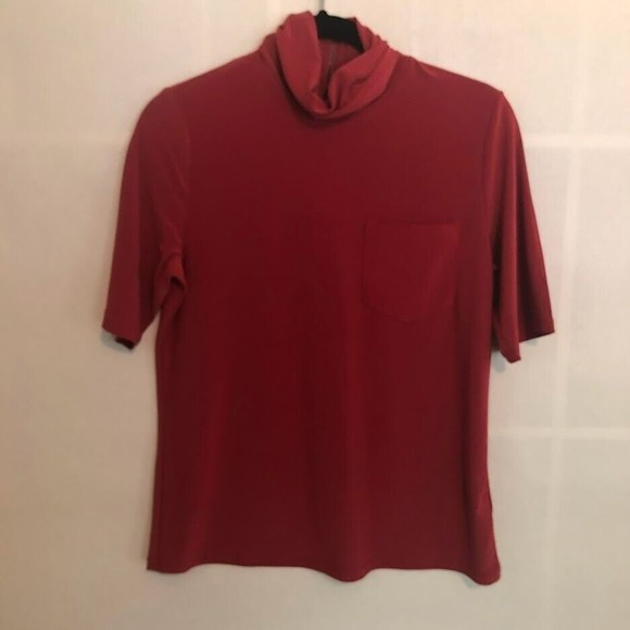 Jones New York Medium Red Stretch Short Sleeve Zip Back Mock Neck Blouse - Picture 1 of 4